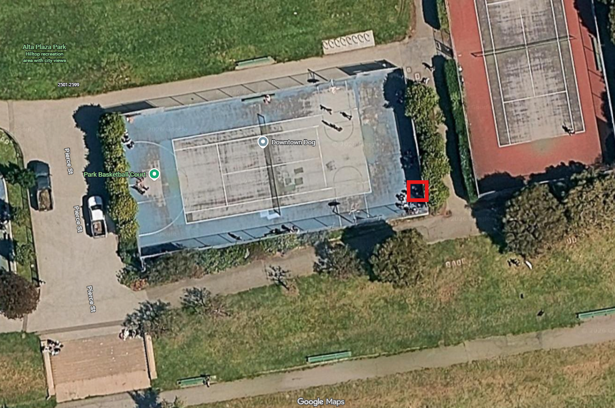 Aerial view of Alta Plaza Park basketball court with install location marked